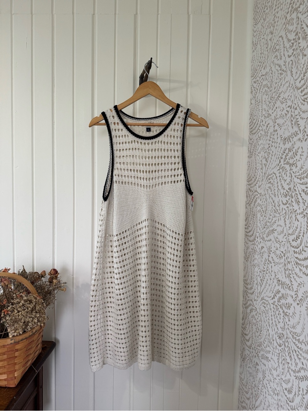 Cotton Crochet Swing Dress Ivory Black Trim Boho Fall
